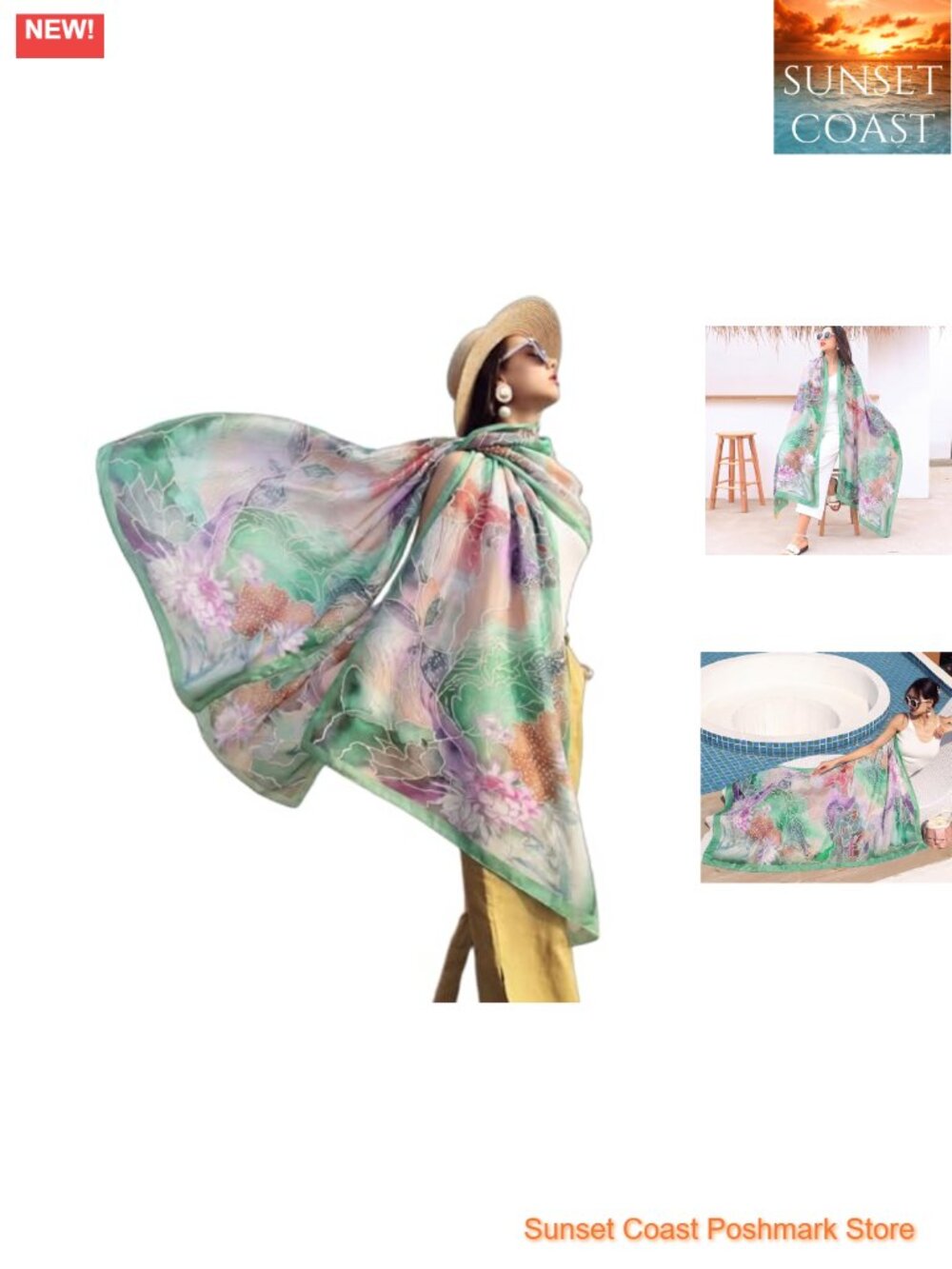 100% Mulberry Satin Silk Floral Pashmina Shawl Wrap Extra Large Oversized Scarf
